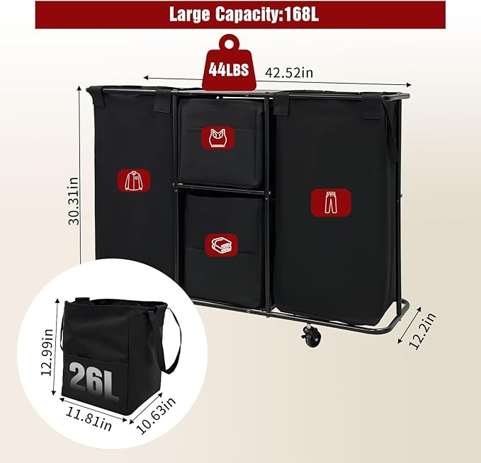 3-Section Laundry Sorter 168L, Rolling Laundry Cart with Wheels, Heavy Duty Laundry Hamper with Large Capacity and Removable Bags, for Narrow Space Laundry Room, Bedroom, Bathroom-NeatNest