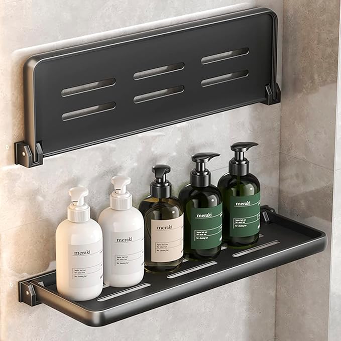 Folding Wall Shelf for Bathroom | 2-Tier Folding Metal Shelves | 90° Fold Up | Wall Mounted Drop Down Floating Shelf for Rv, Laundry Room, Toilet Room, Waterproof(2-Pack, Black)
