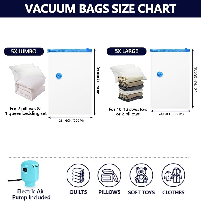 Vacuum Seal Bags for Clothing with Electric Pump, 10 Pack(5 Jumbo/5 Large Vacuum Storage Bags) Space bags vacuum Packing Bag for Travel Luggage Blankets Comforters Vaccine Sealed Storage Bag-NeatNest
