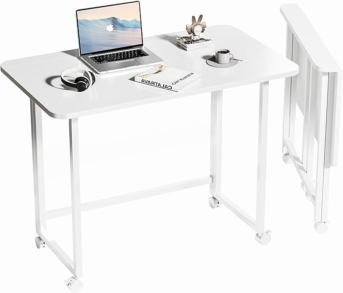Folding Desk,Not Require Assembly,Small Foldable Desk 31.5" for Small Spaces,Space Saving Computer Table Writing Workstation for Home Office,White-NeatNest