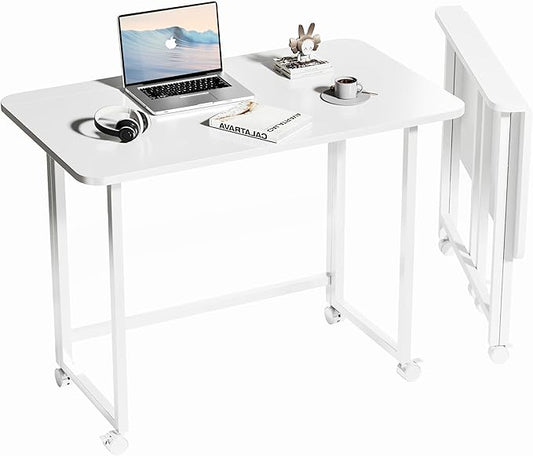 Folding Desk,Not Require Assembly,Small Foldable Desk 31.5" for Small Spaces,Space Saving Computer Table Writing Workstation for Home Office,White-NeatNest