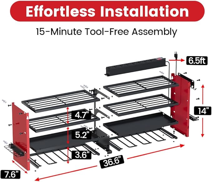 4 Layers Power Tool Organizer Wall Mount with Power Strip, Heavy Duty Metal Shelf, 400lbs Capacity for Cordless Drills, Batteries & Garage Storage (8 Slots with 8 Outlets Power Strip)