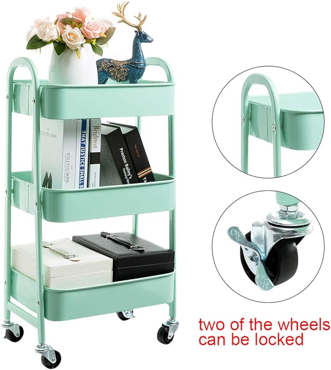 AGTEK Makeup Cart, Movable Rolling Organizer Cart, Macaron Blue 3 Tier Metal Utility Cart-NeatNest