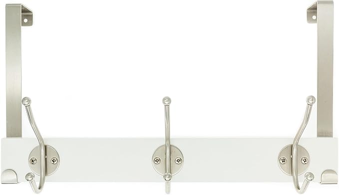 creathome Dual-Purpose Wooden Hanger with 3 Round Hooks White Color, Behind/Over The Door Towel Rack for Bathroom, Heavy Duty Wall Mounted Coat Rack, No Drilling