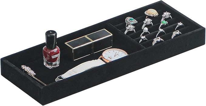 2Pcs Desk Drawer Storage Tray, Nightstand Organizer Tray, Necklace Bracelet Ring Earring Jewelry Display Tray, Grid Table Organizer Holder Tray for Sunglass, Phone, Watch, Perfume (2 grid)/Black-NeatNest