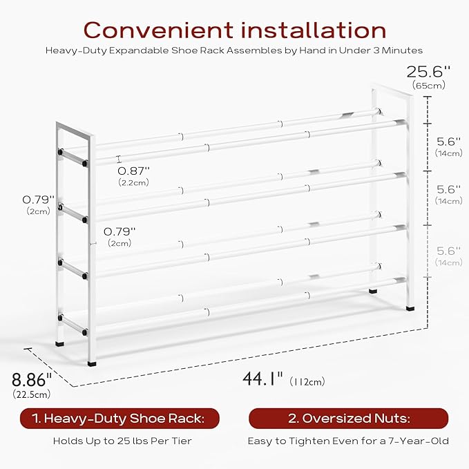 Bumusty 4-Tier Long Expandable Shoe Rack for Closet, 18"-44" Adjustable Shoe Rack for Entryway, 20-24 Pairs Large Shoe Organizer Shelf Storage, Sturdy Metal, White-NeatNest