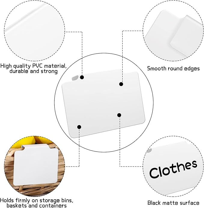 18 Pcs White Basket Labels Clip on Removable Hanging Label Holder with Chalk Markers for Storage Bin Basket Box Kitchen Pantry