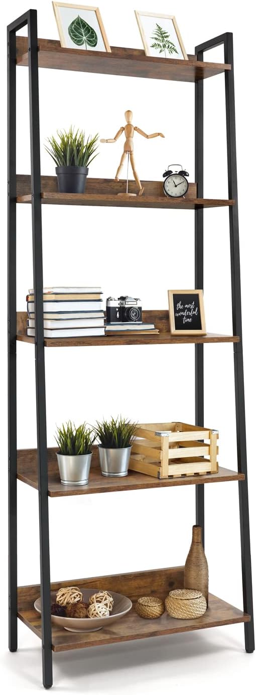 CAPHAUS 5 Tier Ladder Bookshelf, 24 Inch Width Free Standing Shelf, Bookcase Shelf Storage Rack Organizer, Industrial Book Shelves for Home Office, Living Room, Kitchen, Rustic Oak, Vintage Shelves-NeatNest
