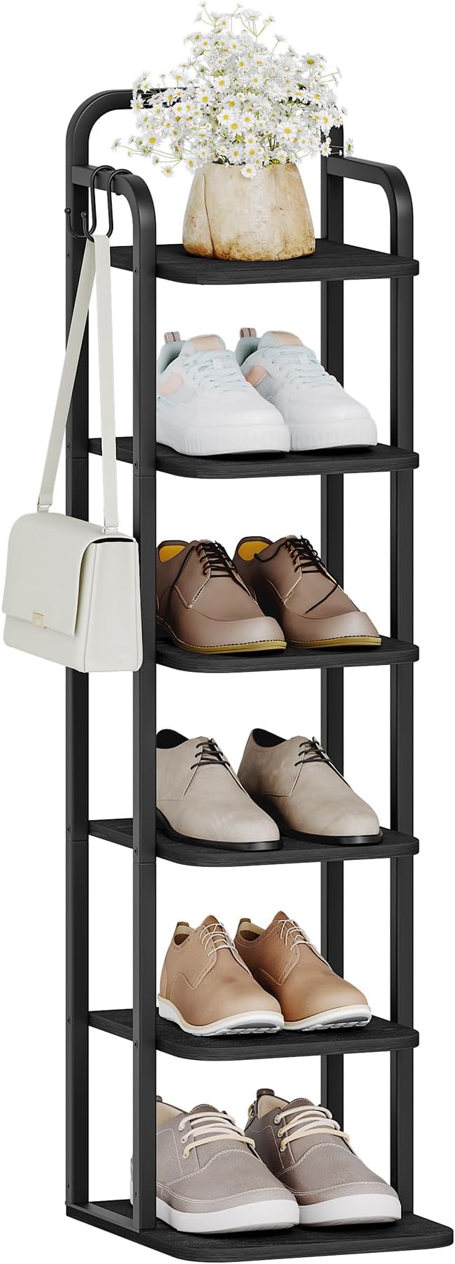 Vertical Shoe Rack, Shoe Shelves, Wood Shoe Organizer for Closet, Entryway, Shoe Tower for Small Spaces, Free Standing, Adjustable, with 2 Hooks, 6 Tier Black SR04204B-NeatNest