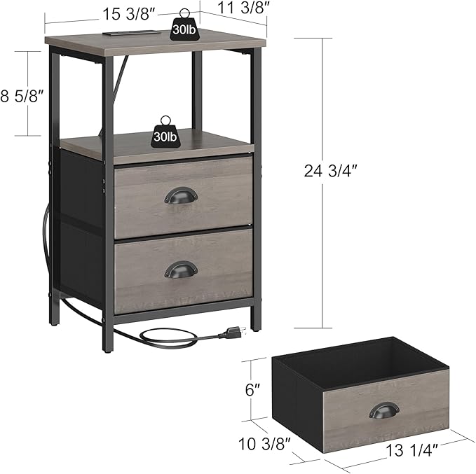 Nightstand with Charging Station, LED Night Stand with 2 Fabric Drawers, Grey Bedside Tables End Table with Drawers, 2-Tier Storage Side Table Nightstand with Drawers for Bedroom, Grey