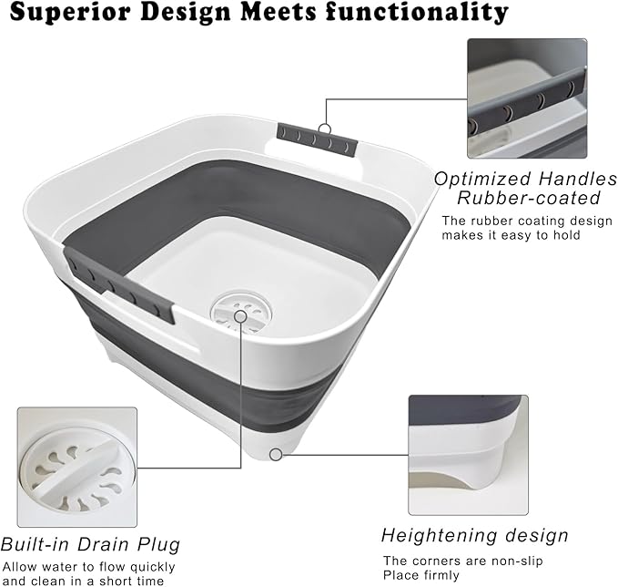 2.4 Gal (9L) Collapsible Dish Basin with 2 Drainage Plugs - Foldable Sink for Kitchen, Camping, RV | Space-Saving Multifunctional Wash Basin for Veggies, Dishes-NeatNest