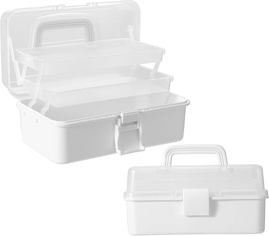 11(in) Versatile Three-Layer Folding Organizer Box,Ideal for Art & Crafts,Toys,Sewing Supplies,Jewelry and Tools,Storage with Dual Trays,Elegant White