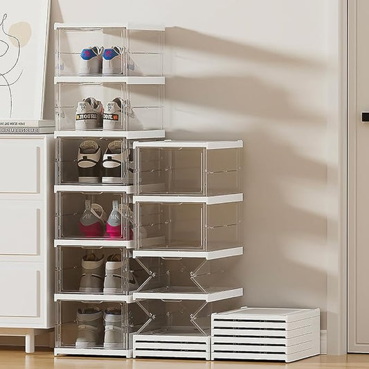 Foldable Shoe Rack Clear Collapsible Storage Box Size up to 16, Free Standing Bins Stackable Plastic with Lids Organizing Dustproof 6-Tiers-NeatNest