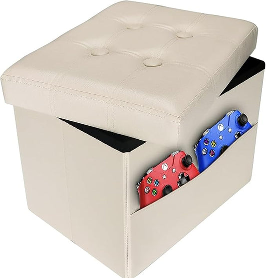 AmasSmile Storage Ottoman Folding Foot Rest Stool with Side Pocket, 16 inches Leather Footstool Bench, Short Ottoman Bench, Storage Foot Rest Store, Books, Beige-NeatNest
