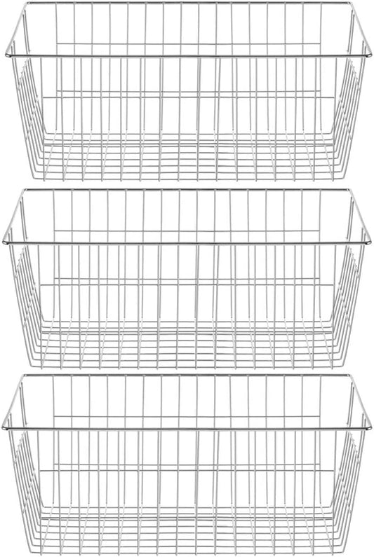 SANNO Farmhouse Freezer Bastets Organizer Bin Large Metal Wire Food Storage Organizer Bin Basket - for Kitchen Cabinets, Pantry, Bathroom, Laundry Room, Closets, Garage - Chrome, 3 pack