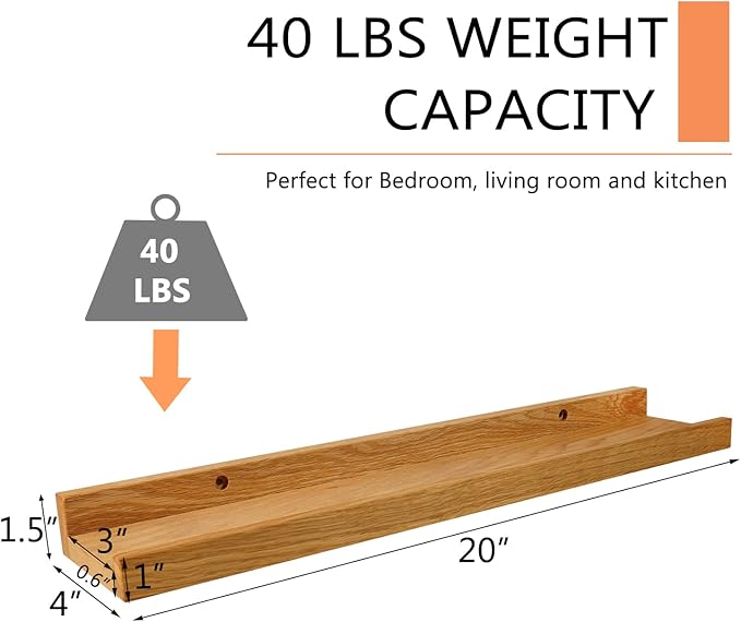20 Inch Floating Shelves Wall Mounted, Rustic Wall Shelves for Decor and Storage, Natural Solid Oak Wood Shelf, Picture Ledge for Bedroom/Bathroom/Living Room/Kitchen, Natural Color, 20*4*1.5 (1 Pack)-NeatNest