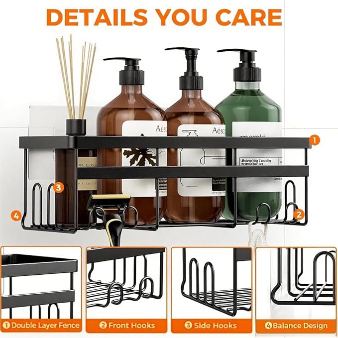 Self Adhesive Shower Caddy, 2-Pack No Drilling Rustproof Bathroom Organizers and Storage with Save Space Hooks, Apartment Essentials for Bathroom, Kitchen & Living Room