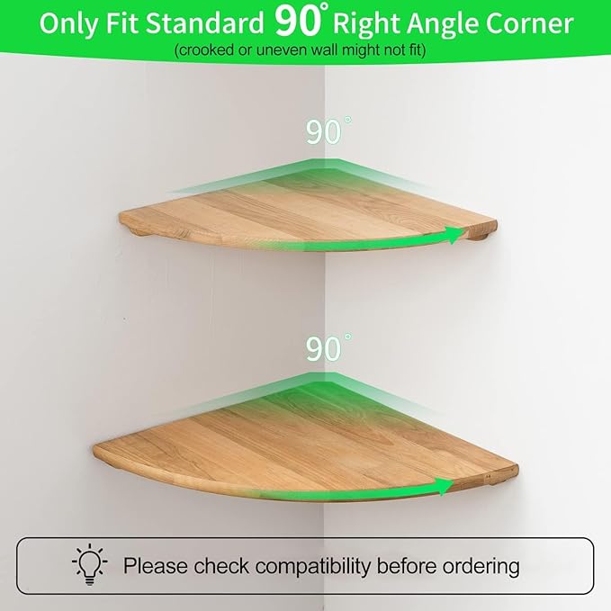 Corner Shelves, Floating Corner Shelf, Set of 2 10inch Solid Oak Wood Corner Wall Shelves, Round End Wall Mount Display Shelf with Wire Hole for Bedroom Kitchen, Living Room-NeatNest