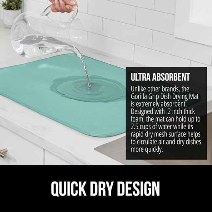 GORILLA GRIP Ultra Water Absorbent Microfiber Dish Drying Mat, Quick Dry Thick Mesh, Slip Resistant Pad for Sink Dishes or Under Rack, Kitchen Counter Accessories, 16x18, Machine Wash Mats, Mint