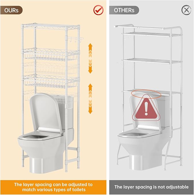 3-Tier Over-The-Toilet Storage Shelf,Heavy-Duty Adjustable Bathroom Rack with 2 Mesh Baskets,Toilet Paper Holder & Hooks,Space-Saving Organizer for Bathroom,10”D x 24”W x 66”H,White
