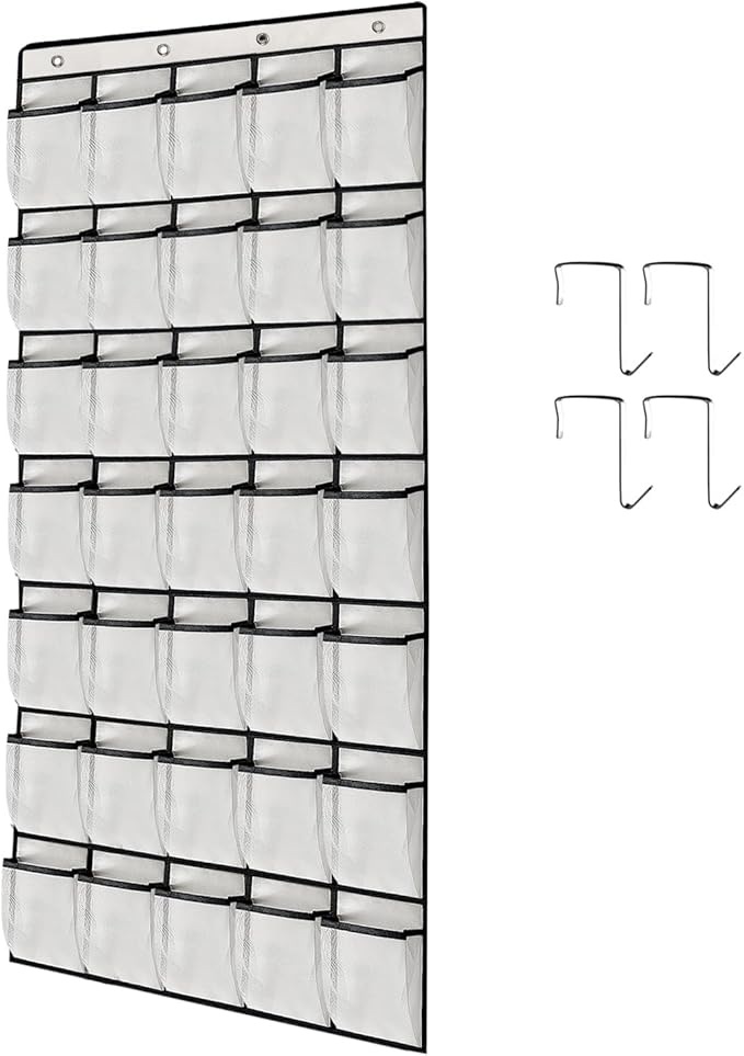 1 Pack 35 Breathable Mesh Pockets Large Hanging Shoe Organizer Over The Door Shoe Rack for Closet Door Storage Shoe Holder Hanger, 4Hooks, White (67.7'' x 26.4'')-NeatNest