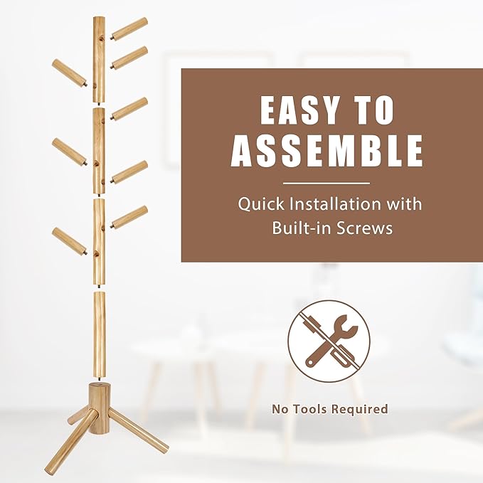 Haddockway Wooden Coat Rack Stand with 8 Hooks New Zealand Pine 3 Adjustable Coat Standing Tree Easy Assembly for Coats, Hats, Scarves and Handbags for Entryway, Hallway, Bedroom, Office-NeatNest