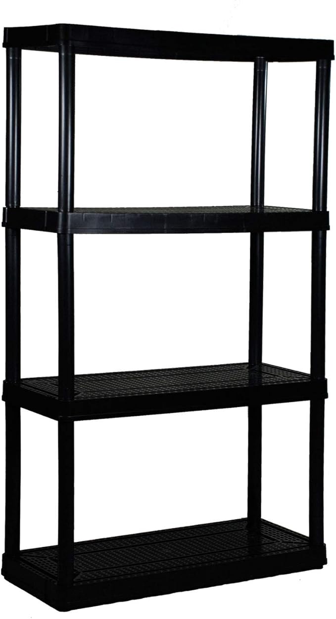 Gracious Living 4 Shelf Fixed Height Ventilated Medium Duty Shelving Unit, Organizer System with 10-Gallon Storage Bins & Lids, Black