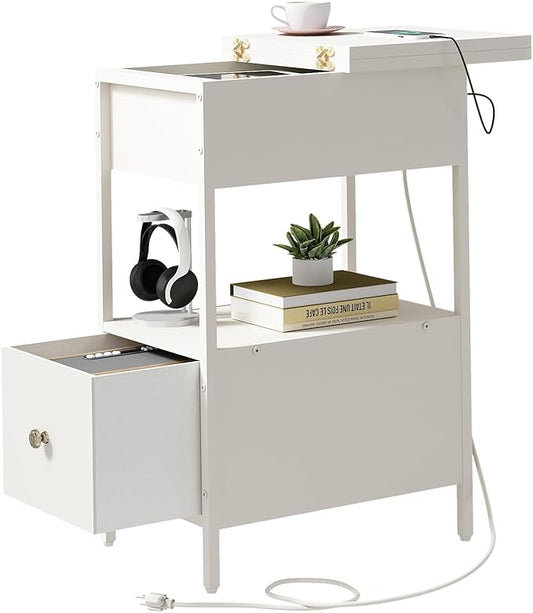 SOOWERY End Table with Charging Station, Narrow Side Table with Flip Top Cabinet and Fabric Drawer, Nightstand Bedside Tables for Small Spaces, Bedroom, Living Room, White