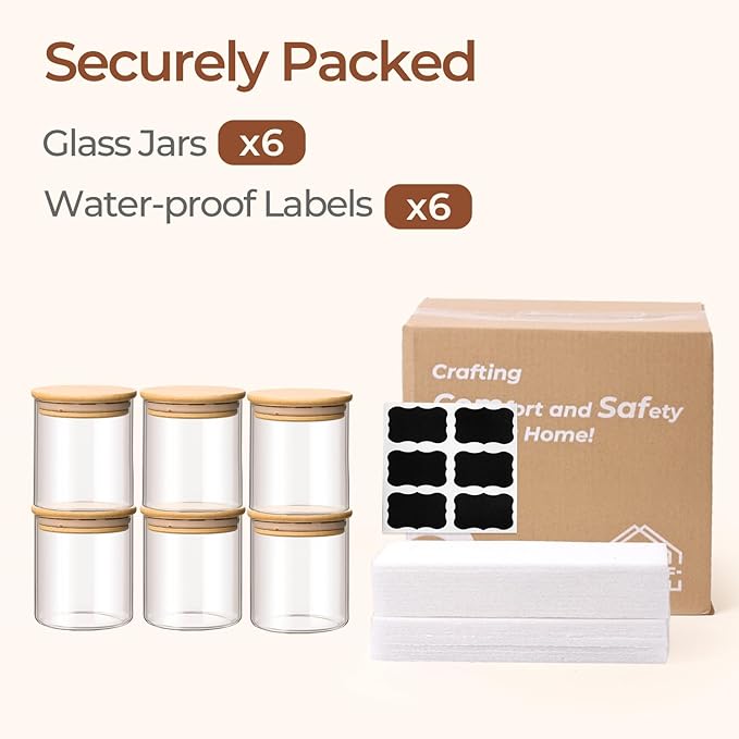ComSaf Airtight Glass Food Storage Jars Set of 6, 0.6 Qt Clear Glass Food Storage Container with Sealing Wooden Lid, Stackable Spice Jar, Round Kitchen Canister for Sugar, Tea, Coffee bean, Pasta, Oat-NeatNest