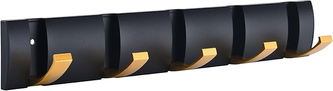Coat Rack Wall Mounted with 5 Folding Hooks, 15.8 Inch Space Saving Wall Coat Hook, Black Gold Towel Hooks for Bathroom, Bedroom, Entryway, Hats, Scarves, Umbrella and Keys-NeatNest