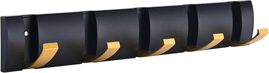 Coat Rack Wall Mounted with 5 Folding Hooks, 15.8 Inch Space Saving Wall Coat Hook, Black Gold Towel Hooks for Bathroom, Bedroom, Entryway, Hats, Scarves, Umbrella and Keys-NeatNest