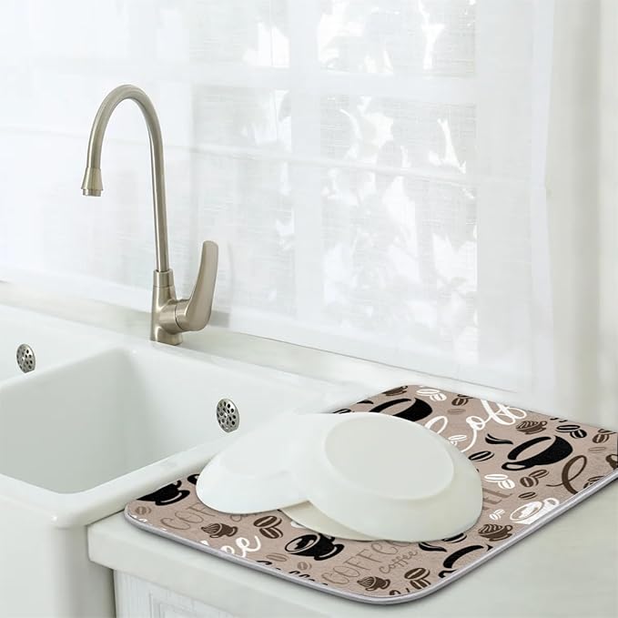 Dish Drying Mat for Kitchen Counter - Absorbent Microfiber Drying Rack Pads Reversible Dish Pad Draining Mats for Countertop Coffee Mats,18x24 inch（Coffee)