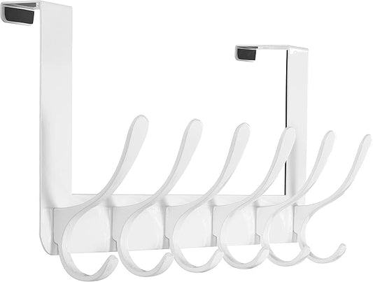 SKOLOO Over The Door Hooks - for Doors up to 4.5cm Thick, No Assembly Required, Stainless Steel Door Hanger with 6 Hooks, Over The Door Hanger for Coats Clothes Hat Towel Jacket, White