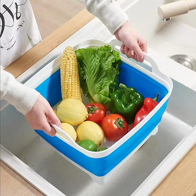 2.4 Gal(9L) Collapsible Dish Basin with Drain Plug, Space Saving Outdoor Multiuse Foldable Sink Tub, Dishpan, Kitchen Storage Tray for Camping, Vegetable Washing, RV (Blue)-NeatNest