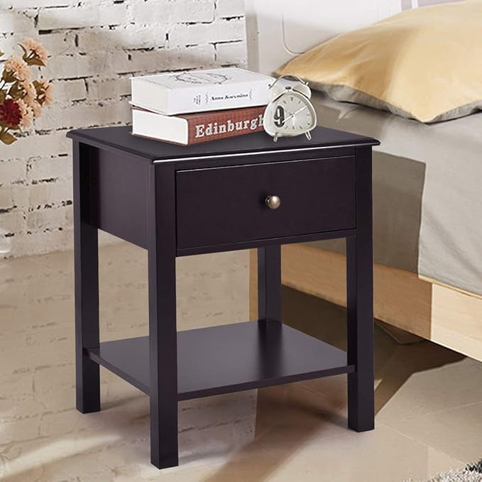 Giantex Nightstand Set of 2, 2-Tier End Table with Drawer and Open Storage Shelf, Modern Bedside Tables, Wooden Side Table Night Stand for Bedroom, Dorm, Small Spaces, Easy Assembly, Espresso