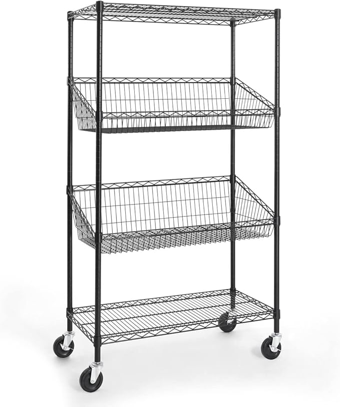 CAPHAUS NSF Commercial Heavy Duty 4 Tier Wire Shelving with Two Trapezoid Baskets, Wheels, Leveling Feet, Black Storage Shelf for Basement Garage and Utility Storage-NeatNest