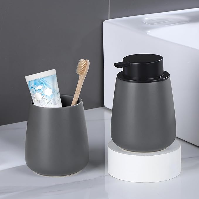 12Oz Grey Foaming Soap Dispenser - Ceramic Foam Hand Soap Dispenser Set with Easy-to-Press Pump, Refillable Liquid Dish Soap Dispensers for Bathroom and Kitchen, 2 Pack-NeatNest