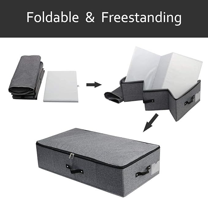 AMJ Foldable Under Bed Storage Basket Container [2 Pack] with Durable Fabric for Clothes, Shoes,Toys, Blanket, Comforter Organizers Bins, Black Grey-NeatNest