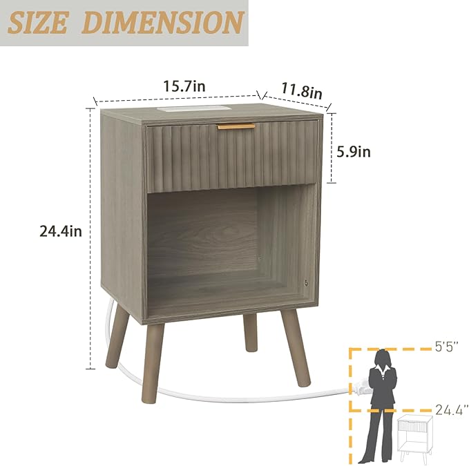 Grey Wood Nightstand with Charging Station, Modern Bedside Table with Fluted Drawers and Storage Shelf, End Side Tables Living Room for Bedroom, Office (Grey)