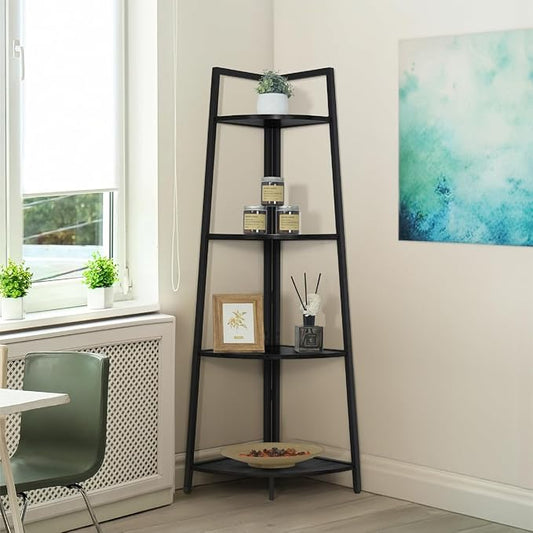CAPHAUS Tall Corner Shelf Stand, 4-Tier Display Shelves, Ladder Corner Wood Storage Plant Bookshelf with Metal Frame, Versatile Shelving Unit Bookcase for Home Office Space, Black-NeatNest