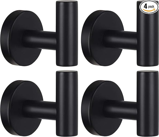 Kruodop Towel Hooks for Bathroom,4 Packs Wall Mount Towel Holder,Black Matte Wall Robe Hook,Stainless Steel Heavy Duty Door Hanger Towel Hook for Kitchen, Bedroom,Hotel,Pool,Coats - Black