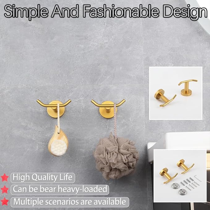 GERZWY Bathroom Double Coat Hook Gold Stainless Steel Towel/Robe Clothes Hook for Bath Kitchen Wall Mounted 2 Pack AG61908-2BE