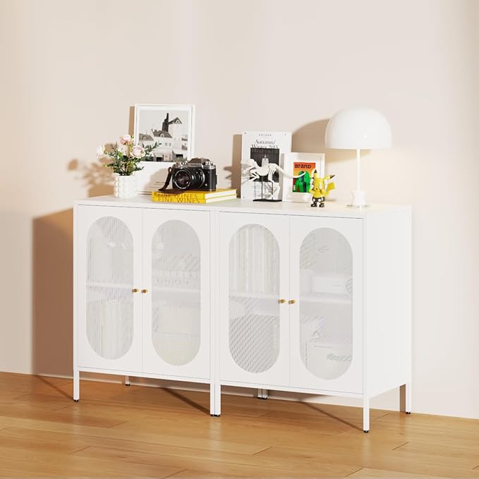 2 Door Accent Cabinet,Metal Storage Cabinet with Adjustable Shelf,Buffet Sideboard for Bed Room,Living Room,Entryway,Hallway,Home,Hotel,Office,Garage,Kitchen,1 Removable Shelf. (Mesh Door, White)