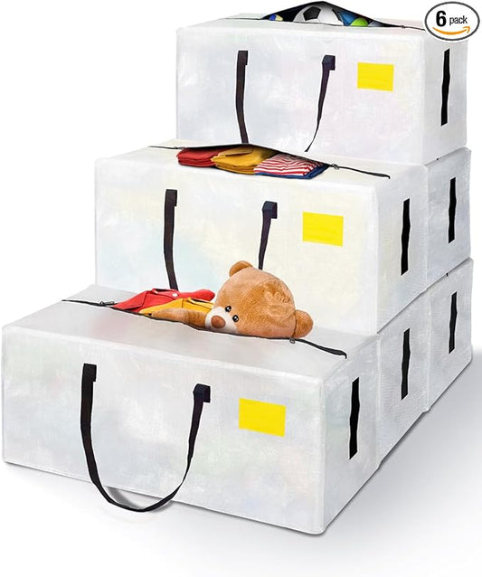 6 Pack Extra Large Moving Bags, Heavy Duty Packing Bags with Zippers and Handles for Space Saving, Clothes Storage, College Essentials, Travel, Clear