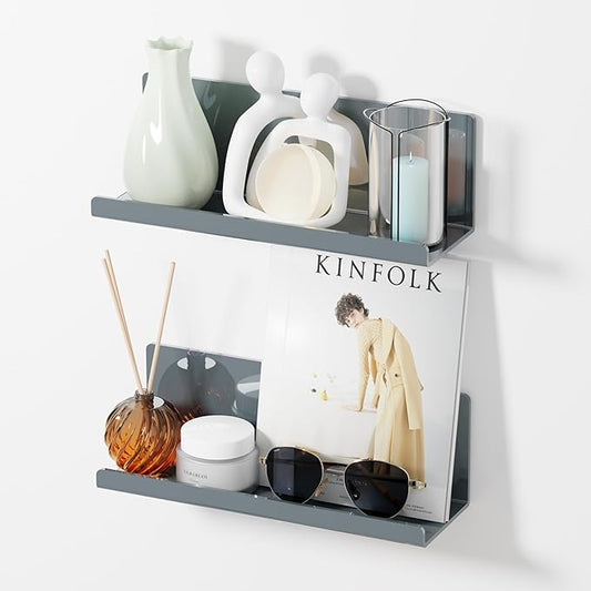 Adhesive Floating Shelves for Wall No Drilling, 12 Inch Acrylic Self Adhesive Shelves, Stick on Shelves, Dorm Wall Shelf, for Bathroom, Kitchen, Bedroom, Office, Gaming Room, Gray-NeatNest