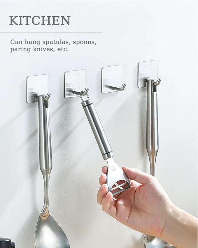 8 Pack Adhesive Wall Hooks, Self-Adhesive Hooks for Bathroom, Door Back Stick-On Towel Hooks, Hanging Coat Hat Key Washcloths Aprons Oven Mitts for Kitchen Shower Garage Home, Silver