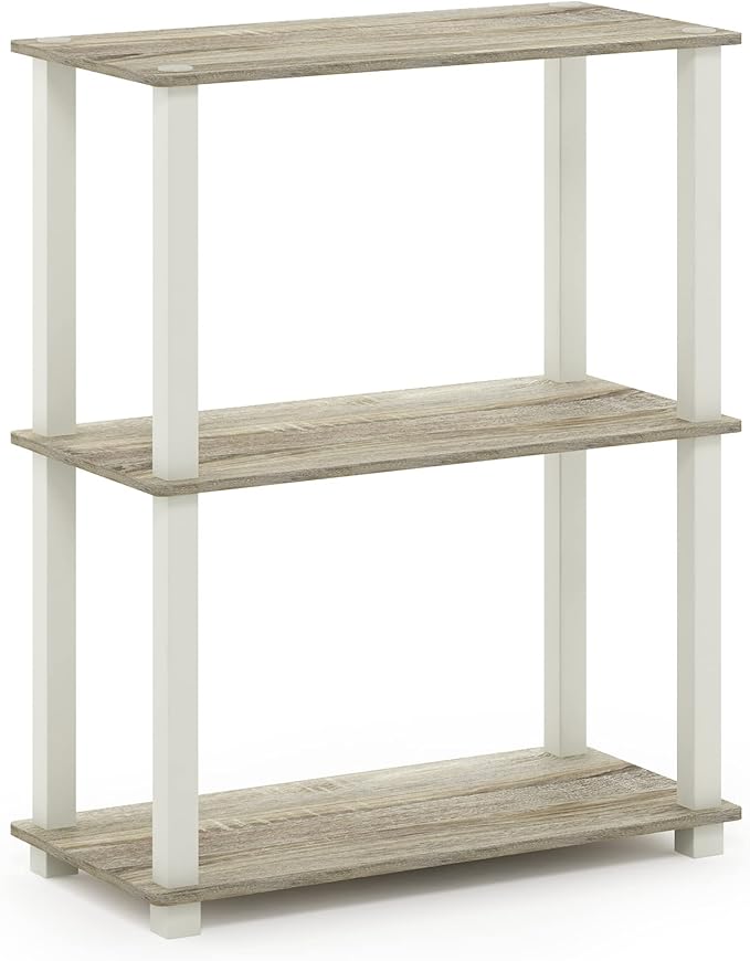Furinno Turn-S-Tube 3-Tier Compact Multipurpose Shelf Display Rack with Square Tube, Sonoma Oak/White-NeatNest