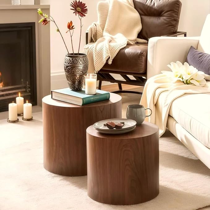 KEVINSPACE Nesting Coffee Table Set of 2, Round Nesting Tables Wooden End Tables for Small Space, Modern Side Tables Set for Living Room, Office, No Need Assembly, Walnut