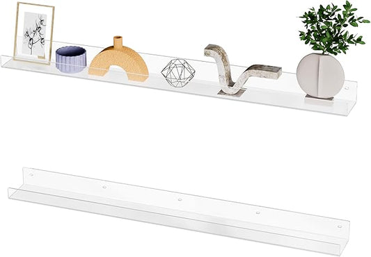 36'' Clear Acrylic Wall Long Shelf 2 Pack, Acrylic Floating Book Shelves, Wall Mounting Invisible Ledge Book Shelf-NeatNest