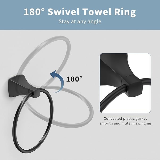 Hand Towel Holder for Bathroom Matte Black Towel Ring Stainless Steel and Zinc Alloy Towel Hanger Wall Mount for Bath, Kitchen, 2 Pack